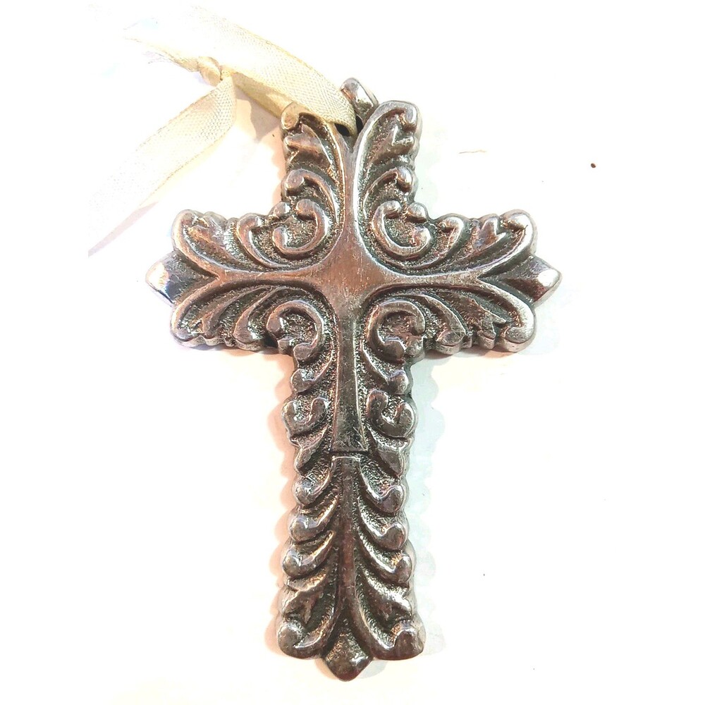 Antiqued Silver Alloy Cross  Ornament Decor Large 4 1/4”